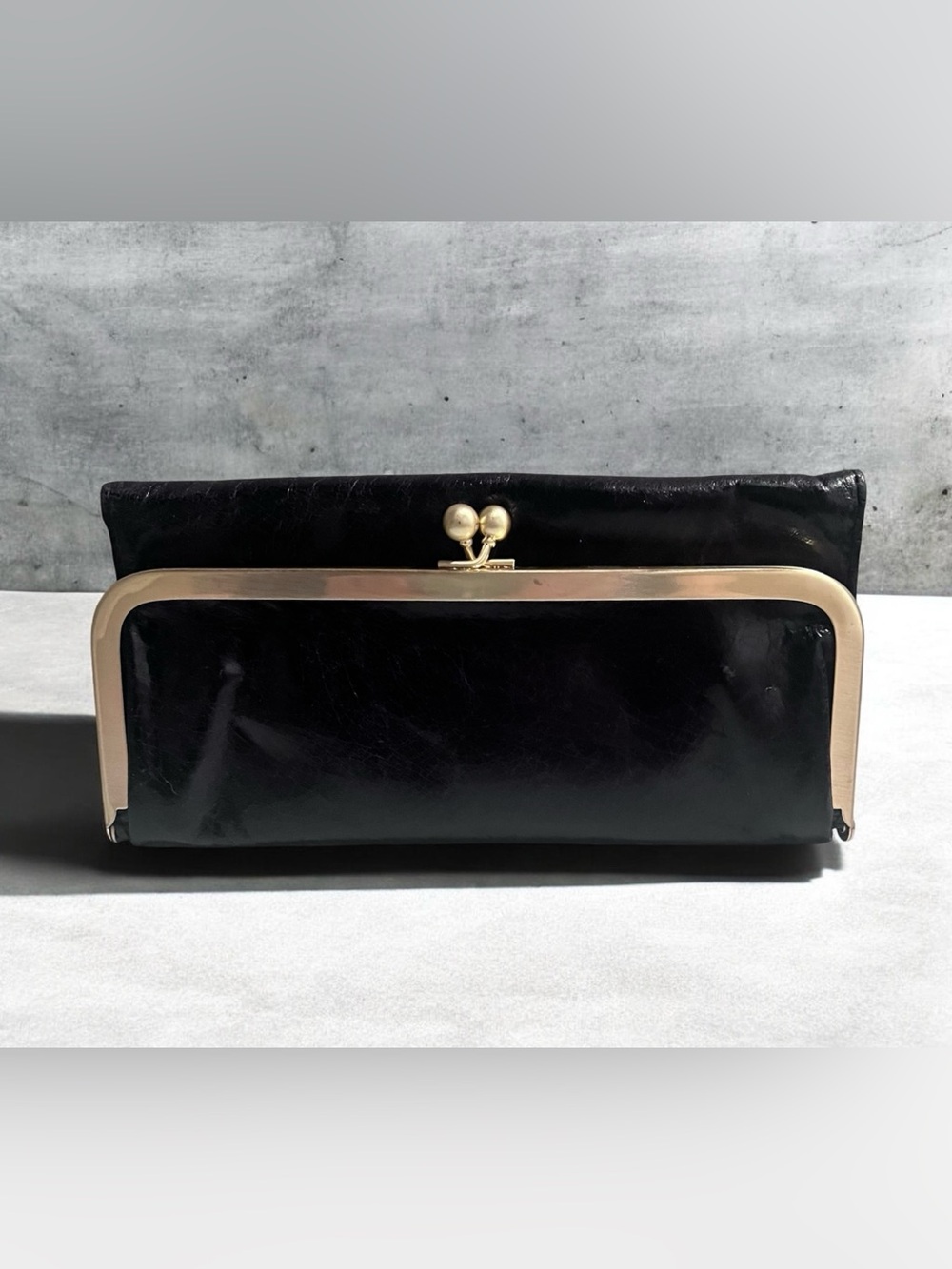 HOBO RACHEL Continental Wallet Black Leather Kiss-Lock Clutch Bag Magnetic Retro